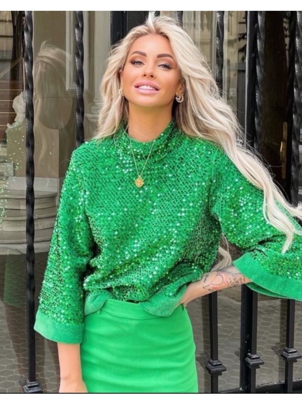 Zara Green Chenille Sequin Sweater Top